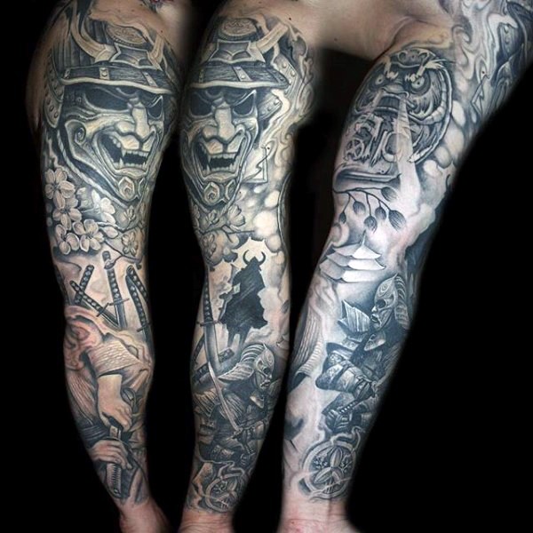 Asian style very detailed sleeve tattoo of various samurai warriors