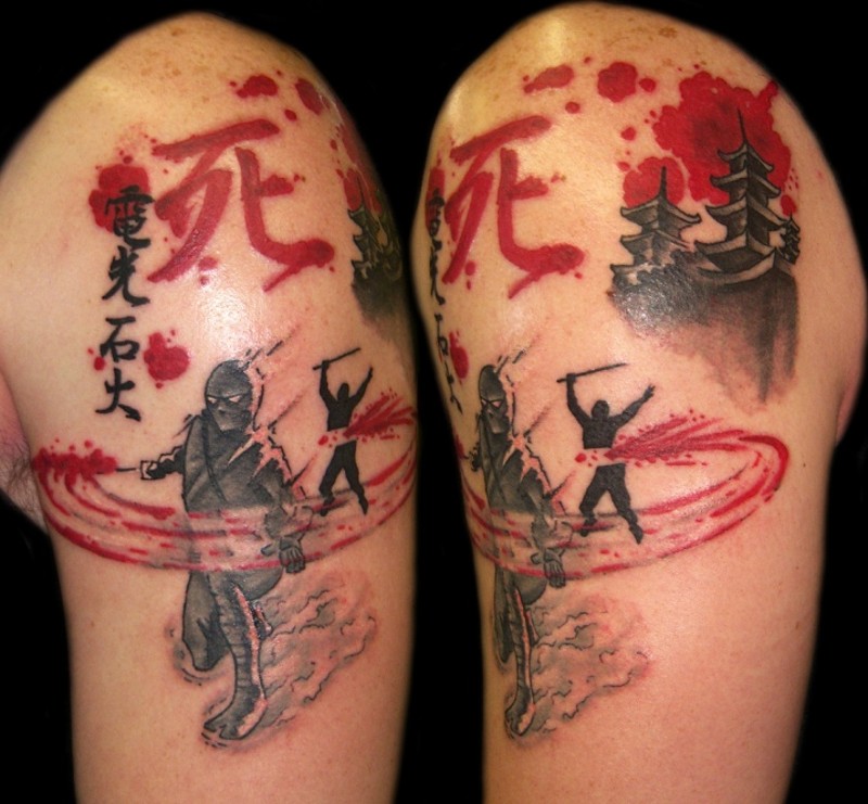 Asian themed colored bloody fight tattoo on shoulder with lettering and house