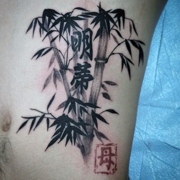 Asian traditional black ink bamboo with lettering