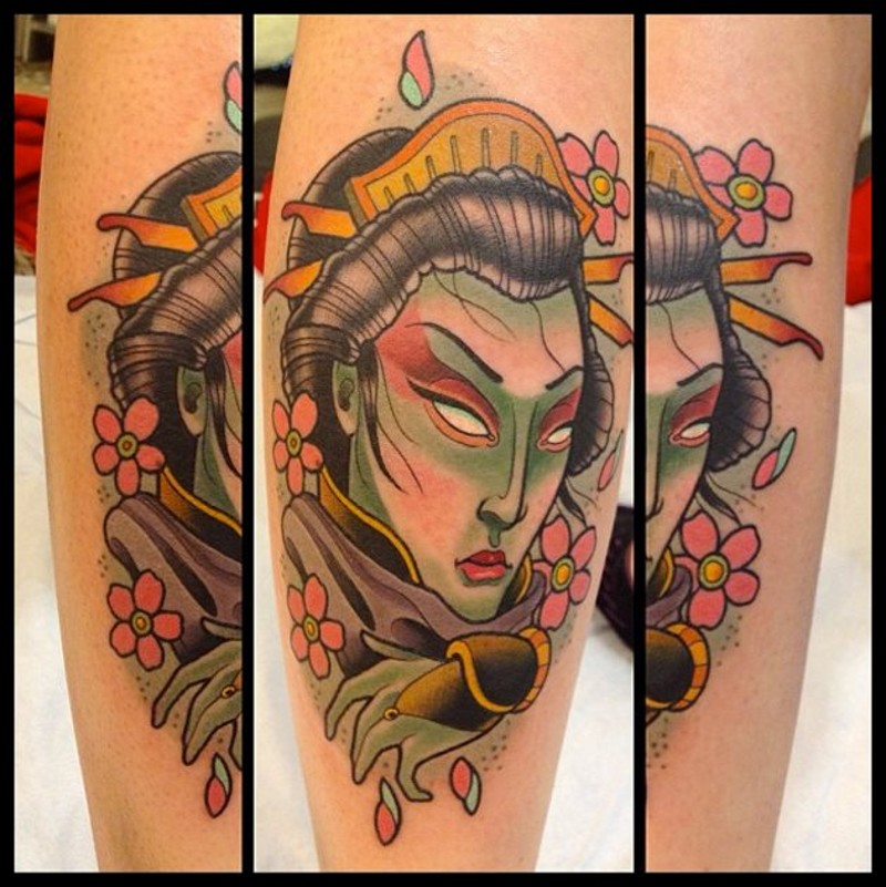 Asian traditional colored small woman portrait tattoo on forearm stylized with flowers