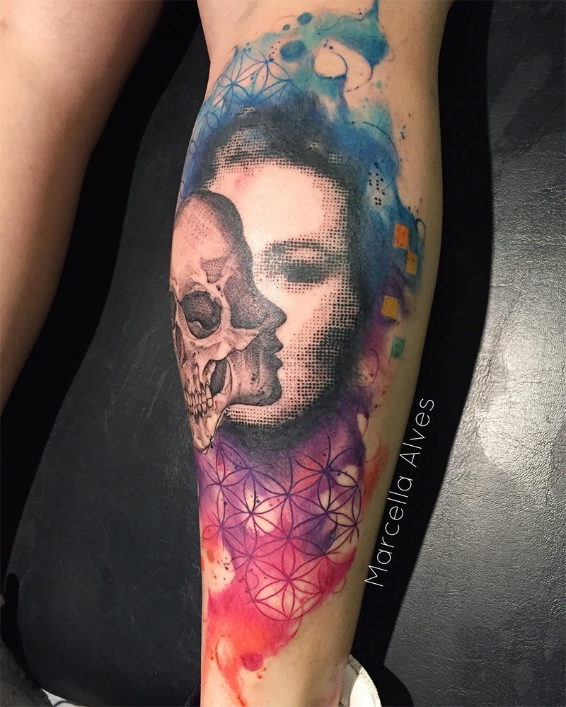 Asian traditional style colored leg tattoo of woman portrait with skull