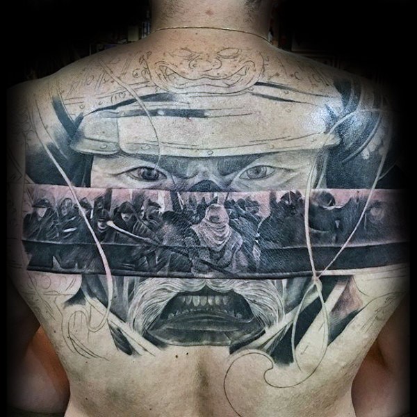 Asian traditional style colored upper back tattoo of samurai portrait combined with warriors