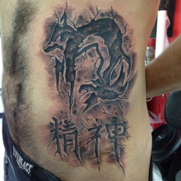 Asian traditional style detailed side tattoo of wall painting with lettering