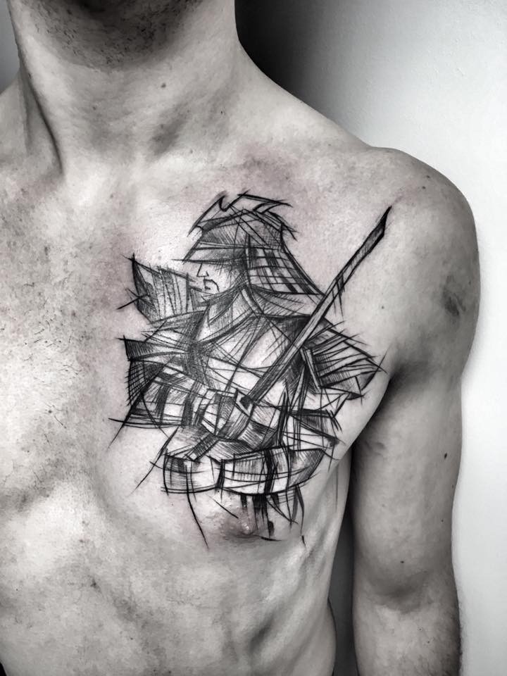 Estilo tradicional asiático pintado por Inez Janiak tatuagem no peito do guerreiro samurai
