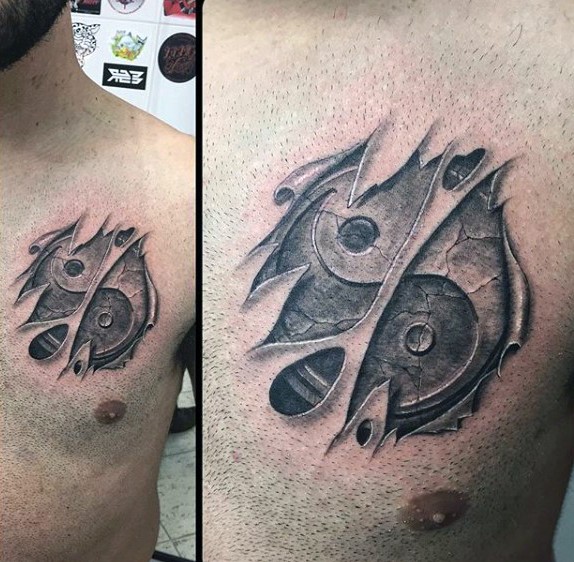 Asian Yin Yang special cracked symbol tattoo on chest in torn ripped skin in 3D style