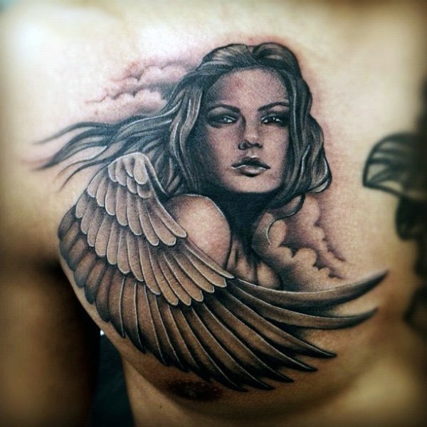 Attractive young girl angel incredibly realistic chest tattoo