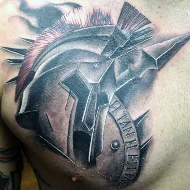 Authentic looking 3D style painted colored Spartan warrior helmet and weapons tattoo on chest area