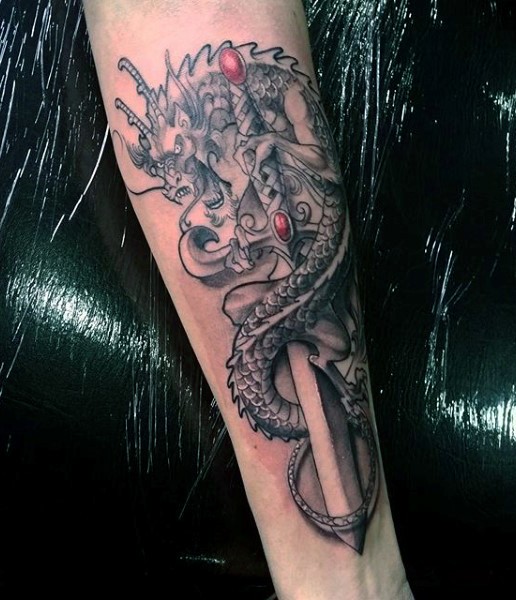 Awesome 3D like colored fantasy dragon with sword tattoo on arm