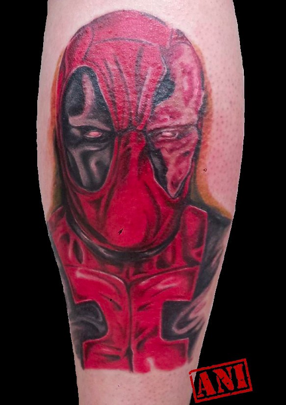 Awesome 3D style colored Deadpool portrait tattoo