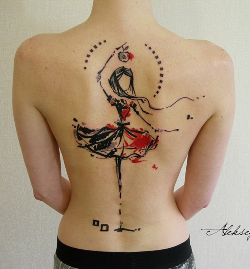 Tatuaje en la espalda, bailarina grácil abstracta