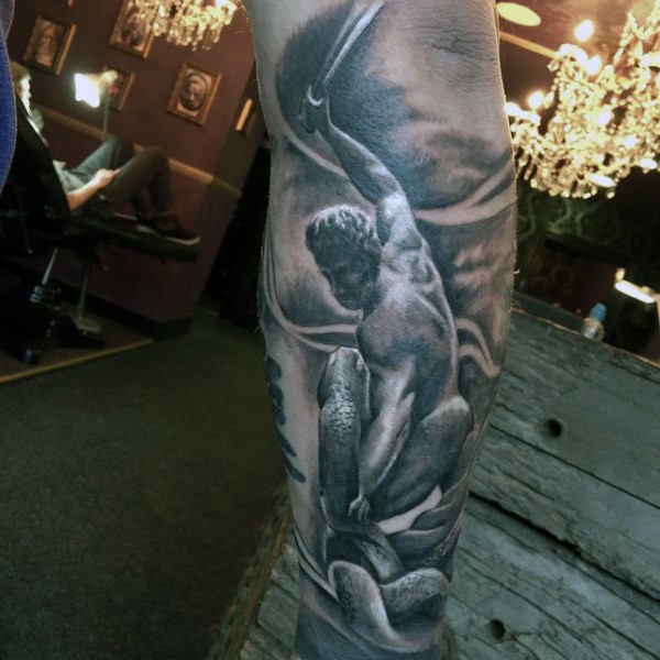 Awesome ancient warrior fighting the giant snake tattoo on arm