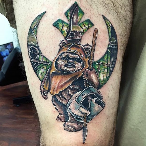 Awesome big colored Star Wars themed tattoo on thigh with ewok