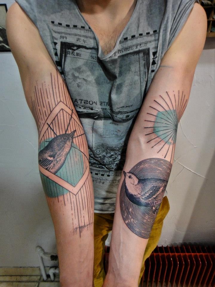 Awesome birds and geometric shapes full sleeve tattoo