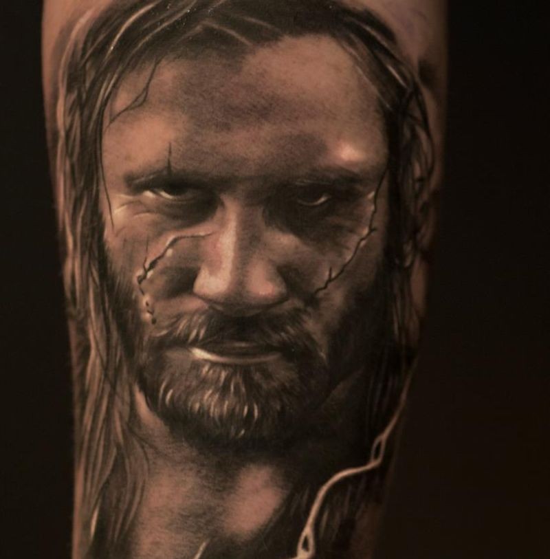 Awesome black and gray style tattoo of man face with scars