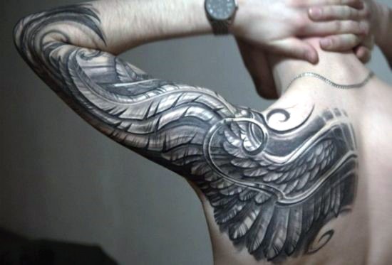 Awesome black and white detailed feather wing tattoo on sleeve and shoulder