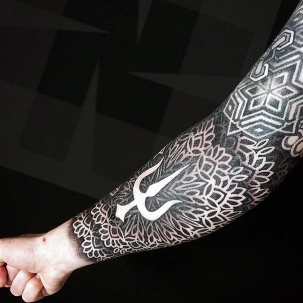 Awesome black and white detailed floral ornaments tattoo on sleeve