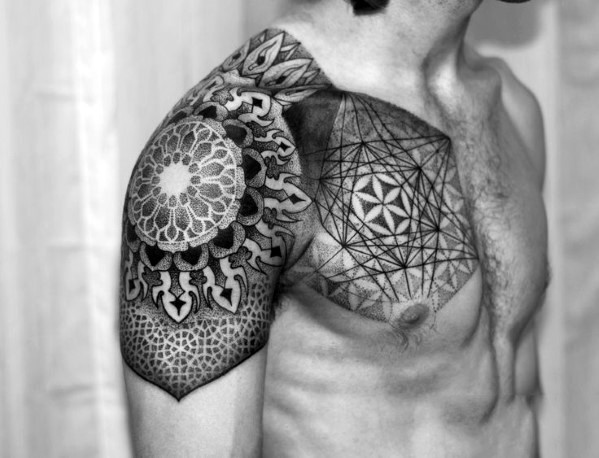 Awesome black and white floral geometrical ornaments chest and shoulder  tattoo