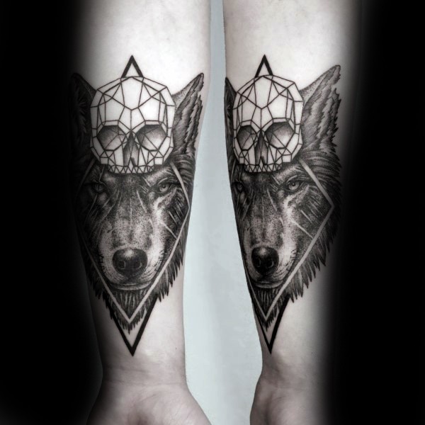 Awesome black and white forearm tattoo of detailed wolf head stylized with human skull