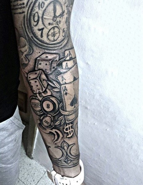 Awesome black and white gambling themed black ink tattoo on sleeve