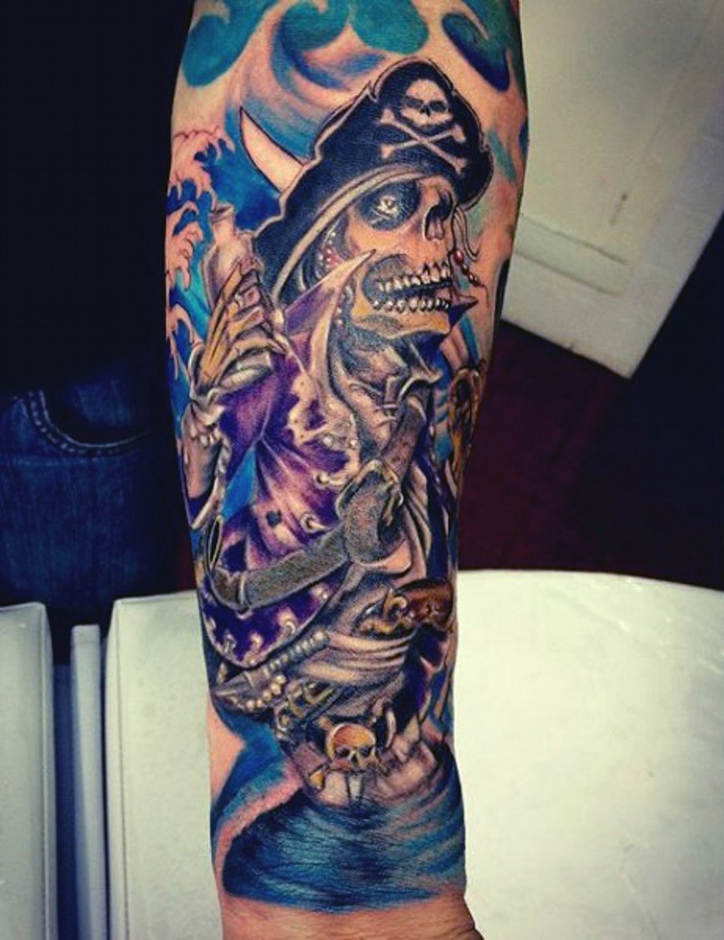 Awesome black and white pirate skeleton tattoo on arm