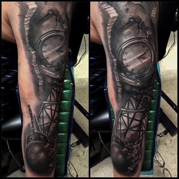 Awesome black and white sleeve tattoo of corrupted house with clock