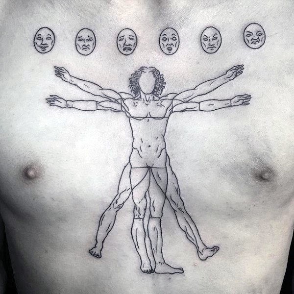 Awesome black ink chest tattoo of faceless Vitruvian man combined with lots of faces