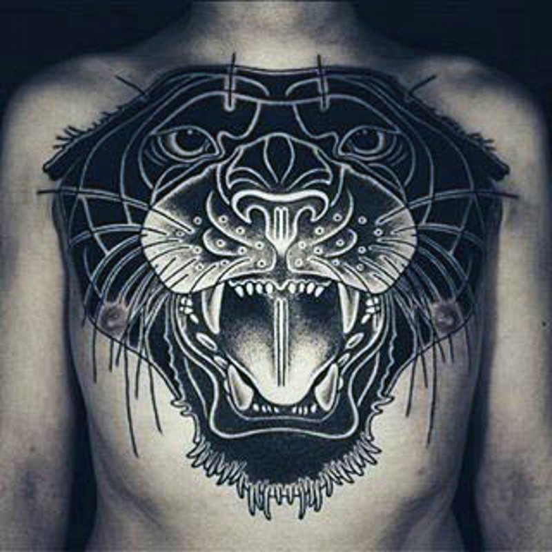 Awesome black ink fantasy tiger tattoo on chest