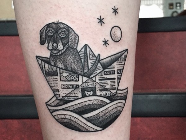 Awesome black ink funny forearm tattoo dog swimming in paper ship