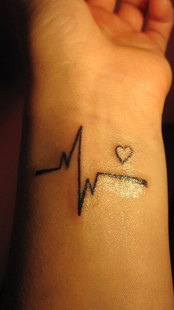 Fantastisches schwarze Tinte Herz und  Kardiogramm Tattoo am Handgelenk