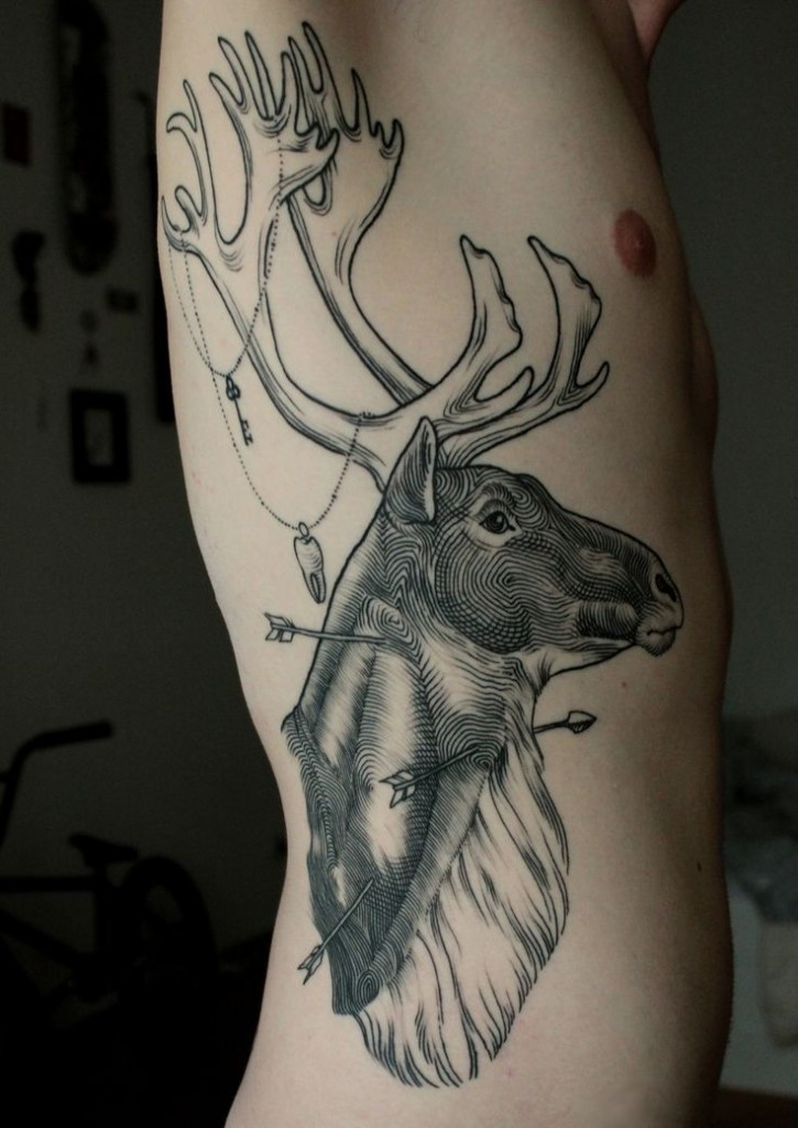 Awesome black lines deer tattoo on ribs