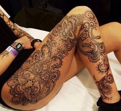Awesome black patterns thigh tattoo for women