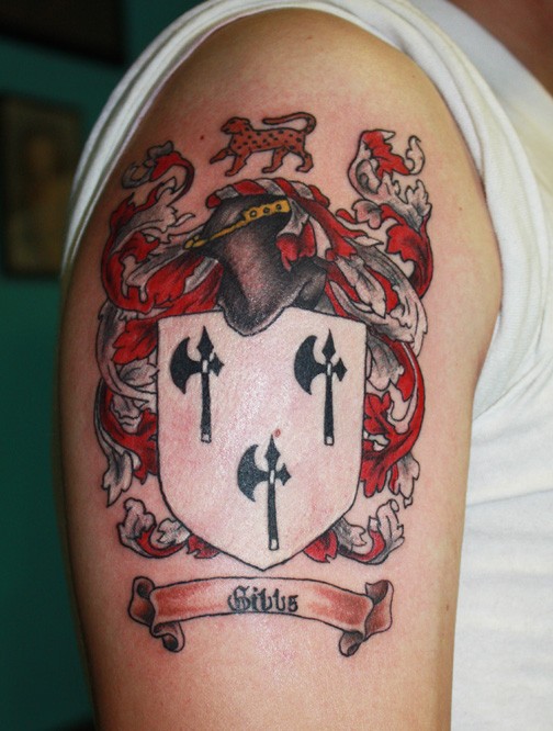 Awesome black red family crest tattoo on half sleeve