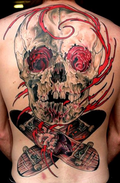 Awesome black red skull with skateboards tattoo on whole back