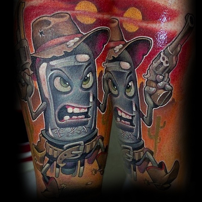 Tatuaje en la pierna, vaquero extraterrestre divertido con pistola