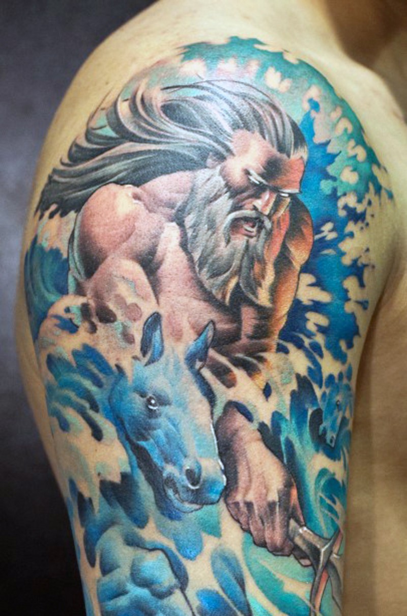 Awesome cartoon like colored angry Poseidon tattoo on arm