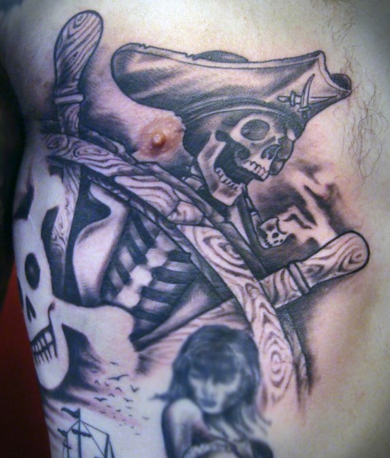 Awesome cartoon like painted colored skeleton pirate tattoo on chest
