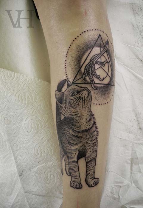 Awesome cat thinking of chicken paws tattoo by Valentin Hirsh