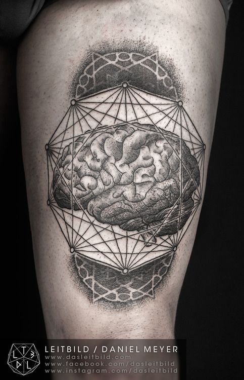 Awesome collage of geometric shapes and brain tattoo on thigh by daniel meyer