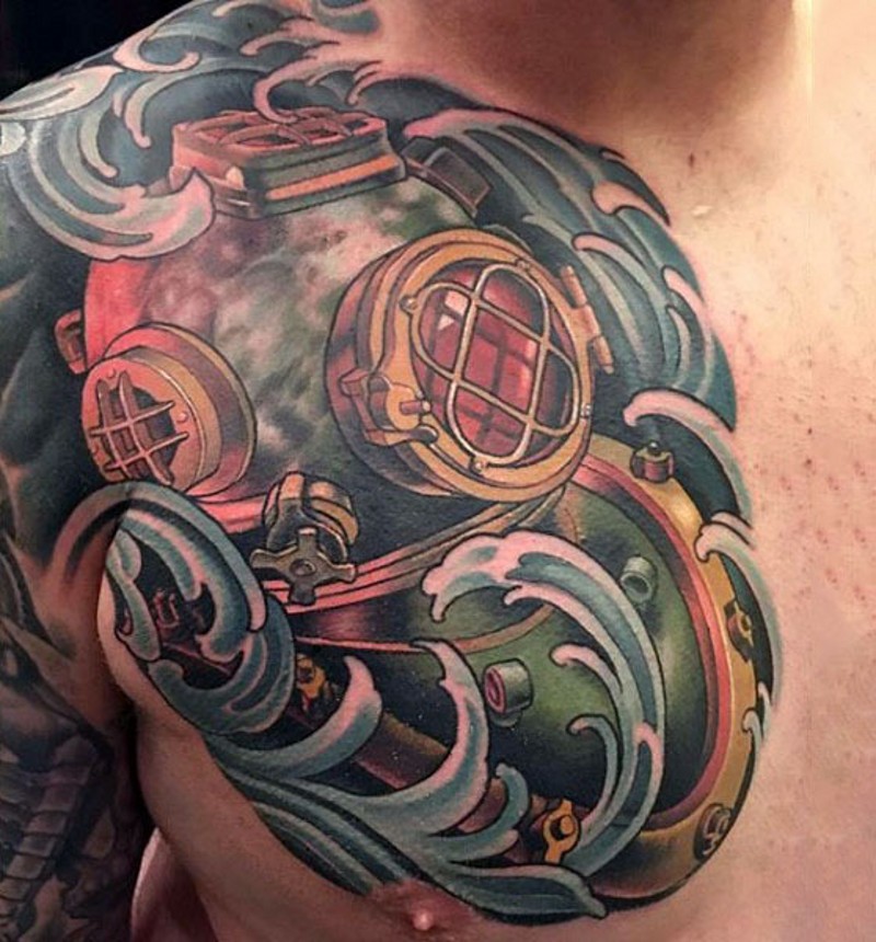 Awesome colored antic diver suit tattoo on shoulder