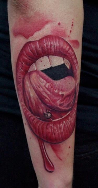 Awesome detailed and colored bloody vampire mouth with pierced tongue