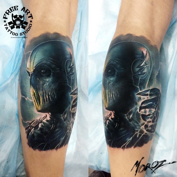 Awesome detailed and colored leg tattoo of evil Zoom form Flash