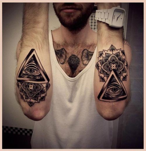 Awesome detailed black and white Masonic pyramids with flowers tattoo on arms