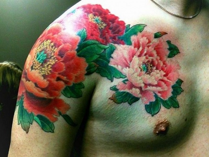 Awesome detailed colorful flowers tattoo on shoulder