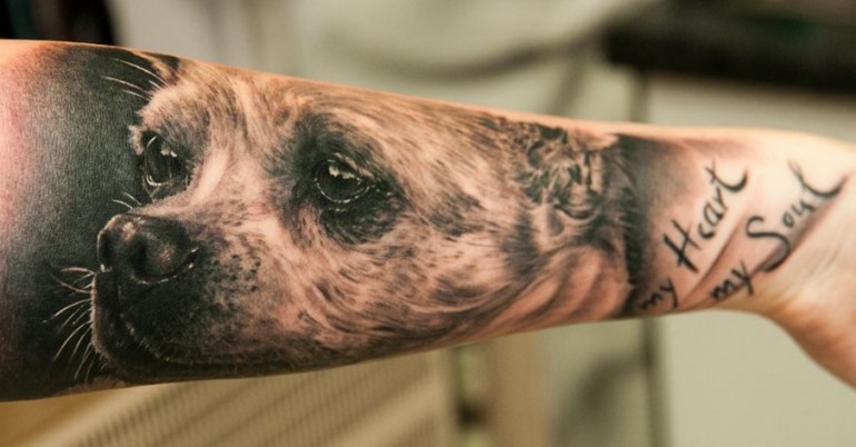 Tatuaje en el antebrazo, diseño del perro muy realista