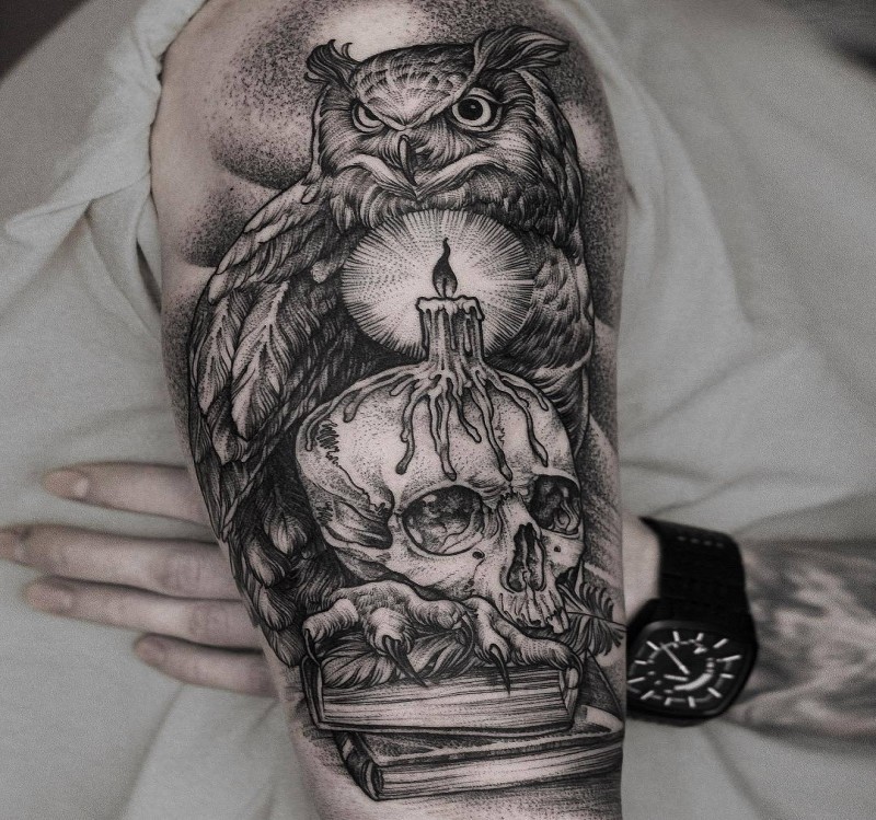 Awesome dotwork style upper arm tattoo of owl with human skull and candle