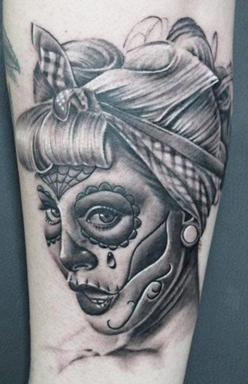 Awesome gray ink pin up santa muerte girl tattoo