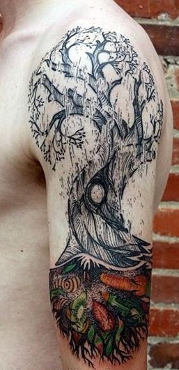 eccezionale idea di albero tatuaggio a mezza manica da David Hale