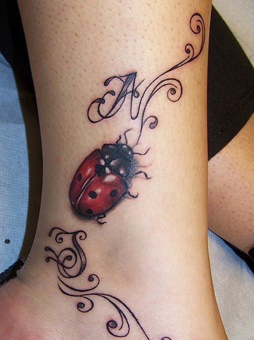 Awesome ladybug with initials tattoo on ankle
