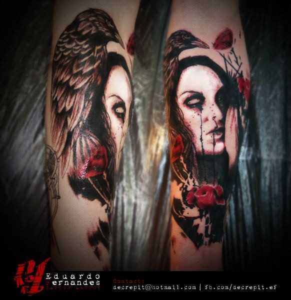 Awesome looking colored forearm tattoo of woman portrait and crow