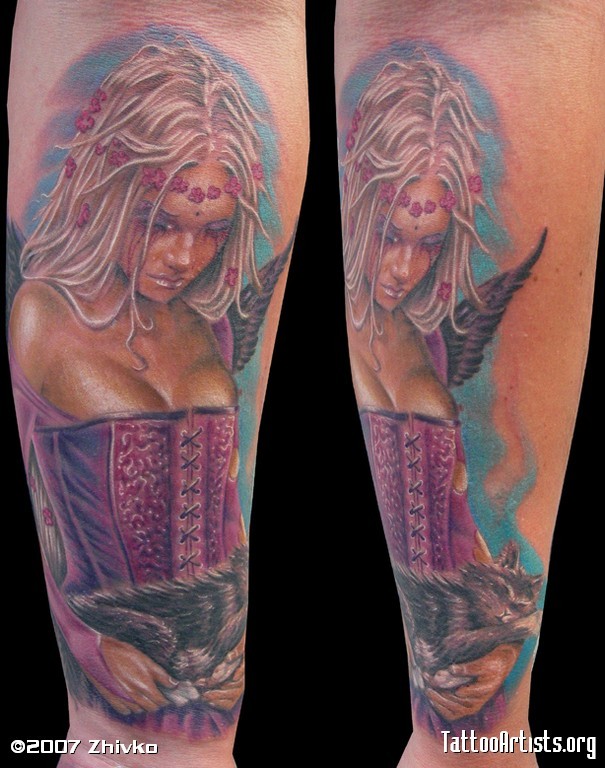 Awesome looking colored forearm tattoo of seductive woman with cat